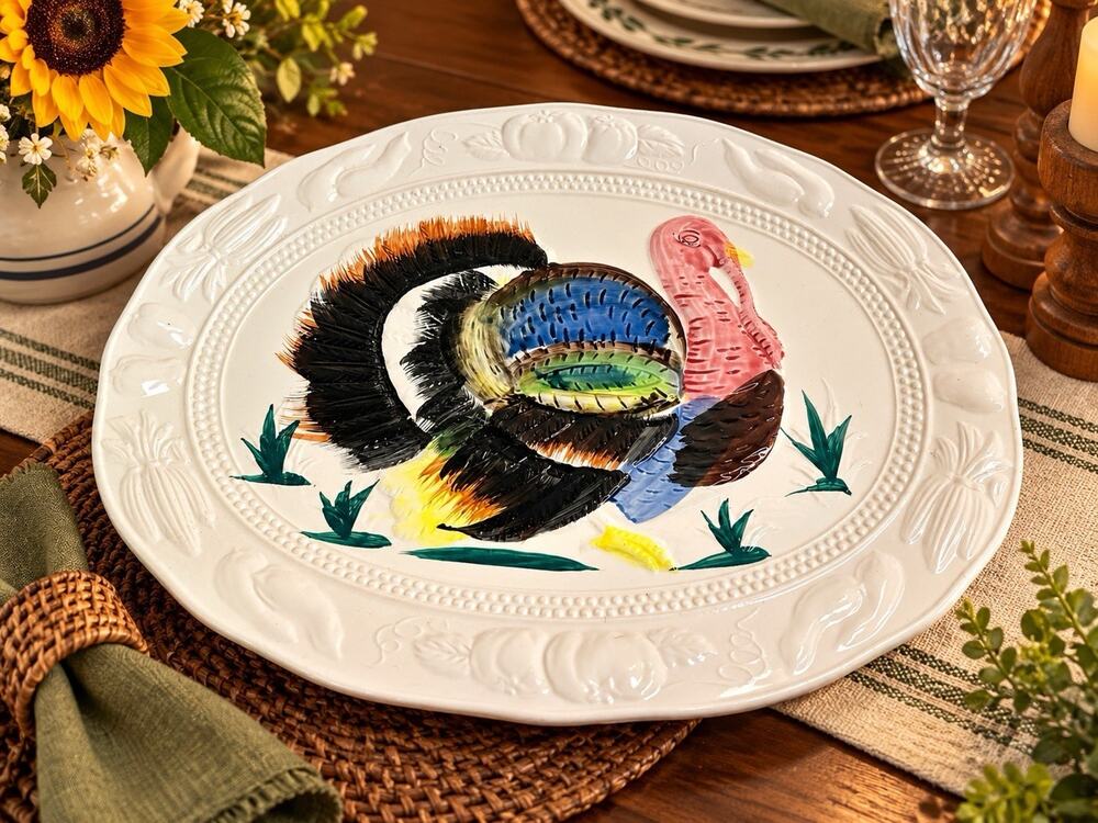 Vintage Made in Japan Turkey Platter 18” Hand Painted Thanksgiving Serving